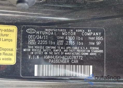 2012 Hyundai Genesis 3.8 Track from USA, damaged, VIN KMHHU6KH4CU078772